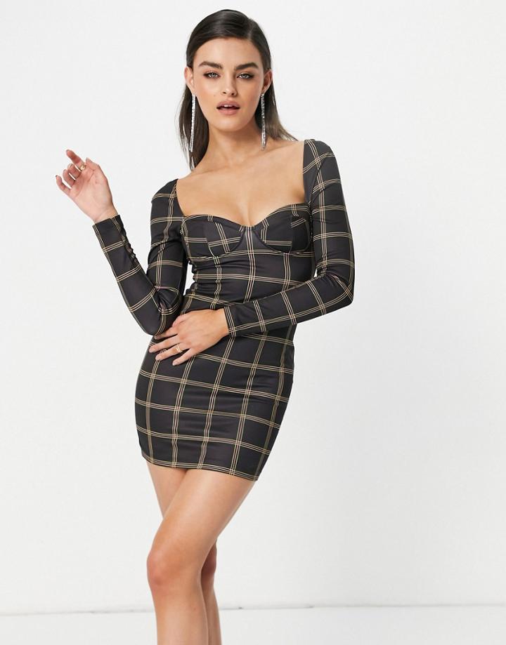 Asos Design Cupped Long Sleeve Mini Dress In Check Print-multi