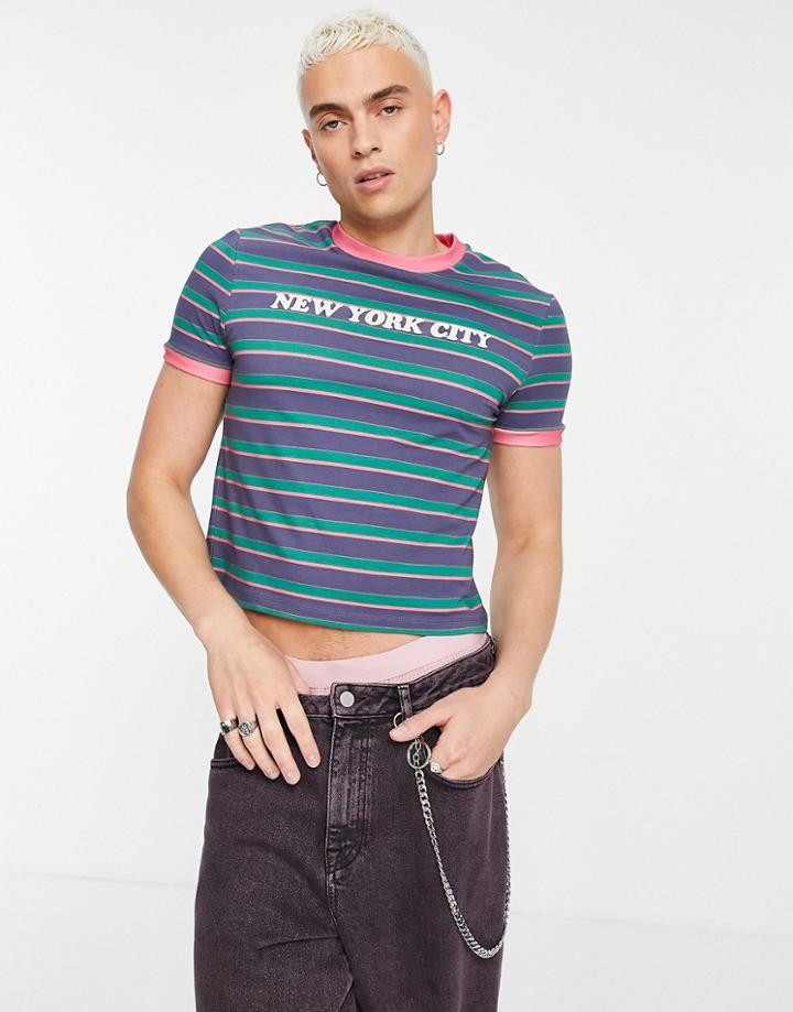 Asos Design Slim Cropped Stripe Ringer T-shirt In Purple With New York City Print-blues