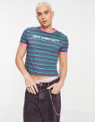 Asos Design Slim Cropped Stripe Ringer T-shirt In Purple With New York City Print-blues