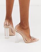 Public Desire Alluring Clear Block Heeled Shoes In Beige Patent