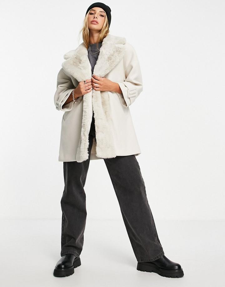 River Island Faux Fur Trim Swing Coat In Taupe-neutral