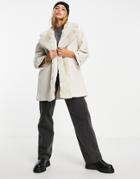 River Island Faux Fur Trim Swing Coat In Taupe-neutral