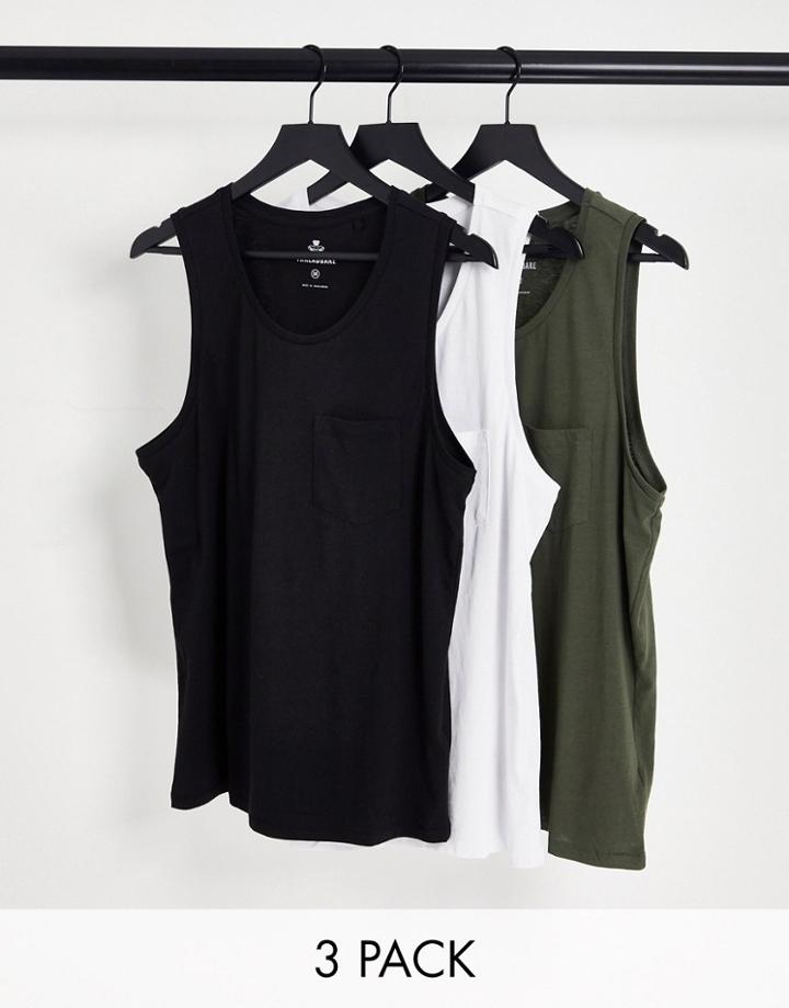 Threadbare 3 Pack Tank Top In Black White & Khaki-multi