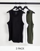 Threadbare 3 Pack Tank Top In Black White & Khaki-multi