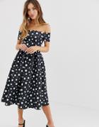 Asos Design Scallop Neckline Polka Dot Prom Midi Dress-multi
