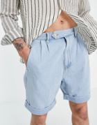 Asos Design Denim Shorts In Light Wash Blue With Pleat Detail
