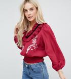 Asos Petite Ruffle Neck Blouse With Embroidery Details - Purple