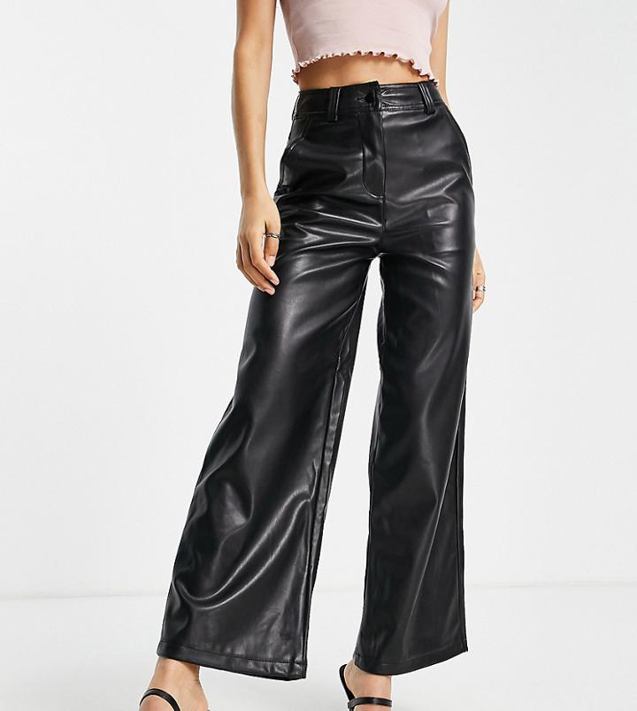 Topshop Petite Faux Leather Wide Leg Pants In Black