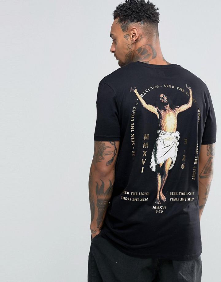 Asos Longline T-shirt With Jesus Back Print And Gold Text - Black