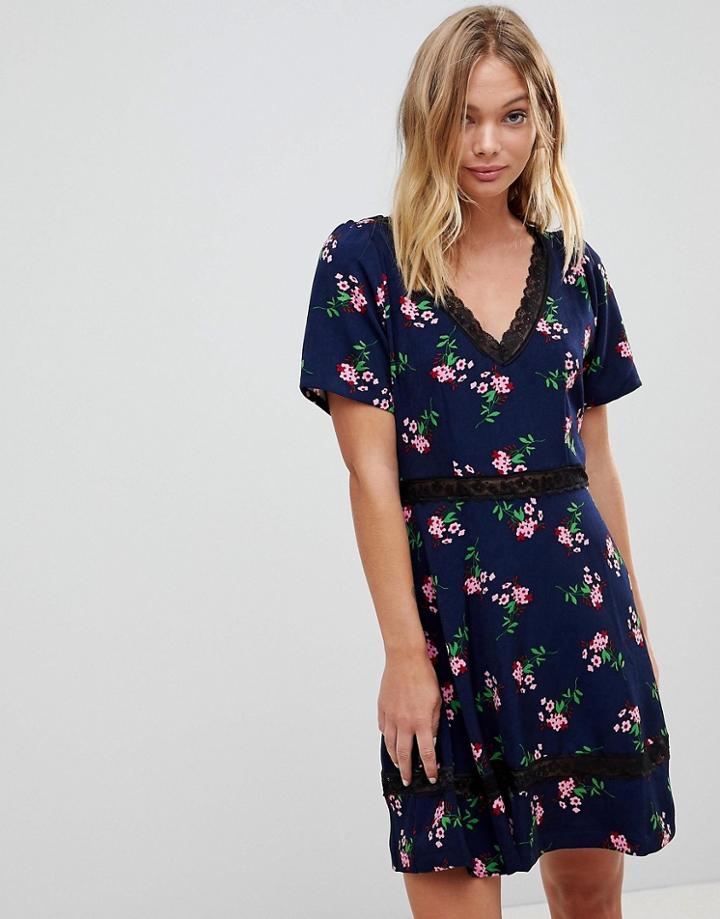 Trollied Dolly Floral Dress With Lace Trim - Black