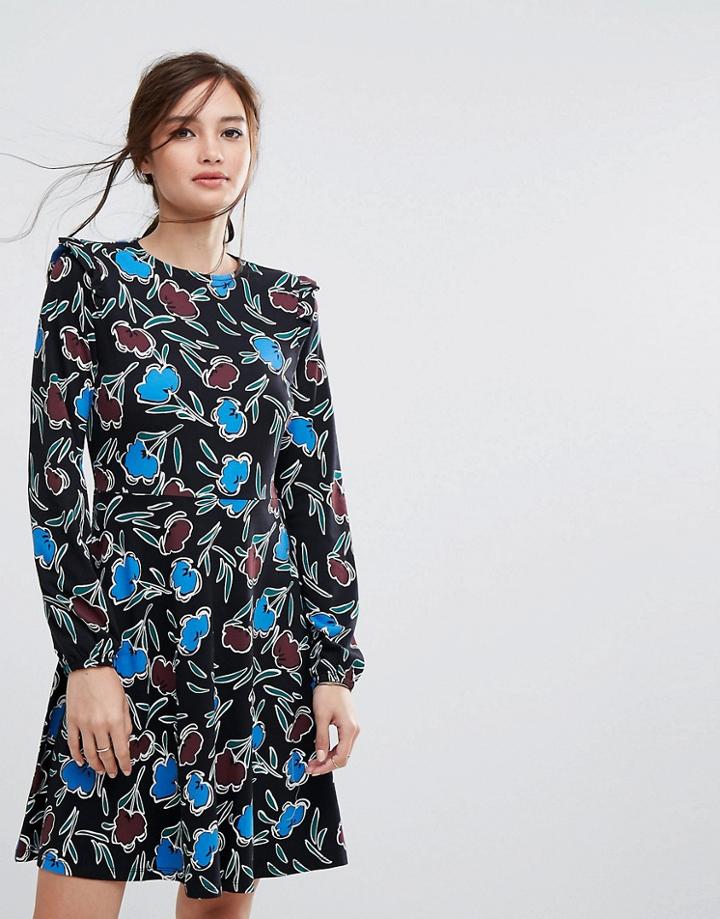 People Tree Organic Cotton Frill Shoulder Skater Dress In Bold Floral Print - Black