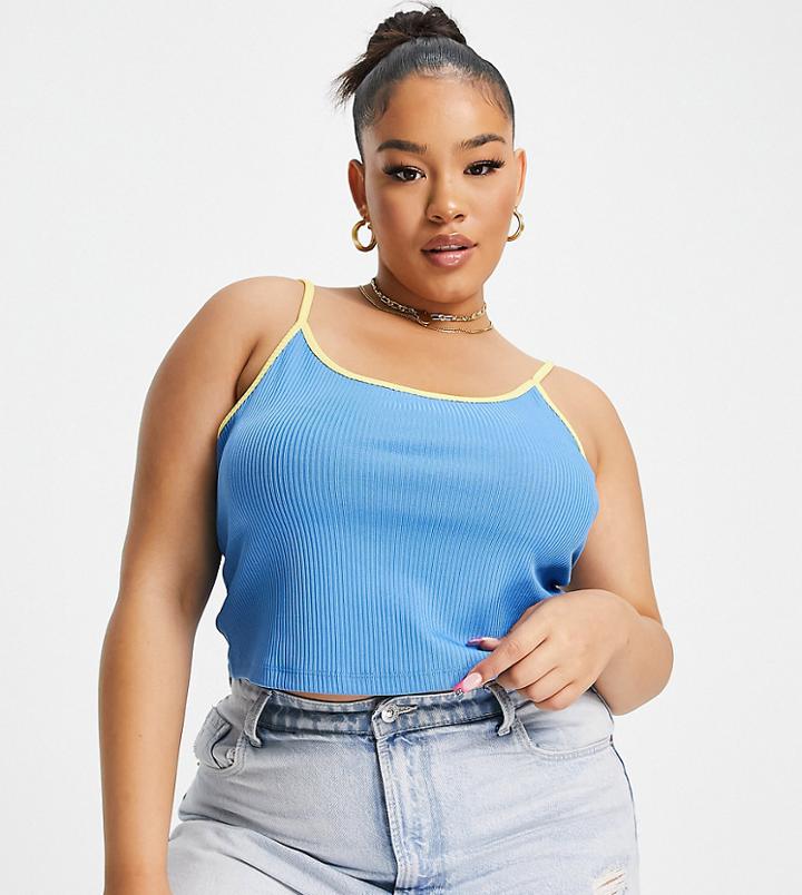 Collusion Plus 90's Rib Contrast Strap Cami In Blue And Yellow-blues