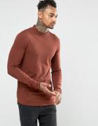 Asos Longline Muscle Long Sleeve T-shirt With Turtleneck And Curve Hem - Brown