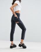 Asos Farleigh High Waist Slim Mom Jeans In Washed Black With Bum Rips - Black