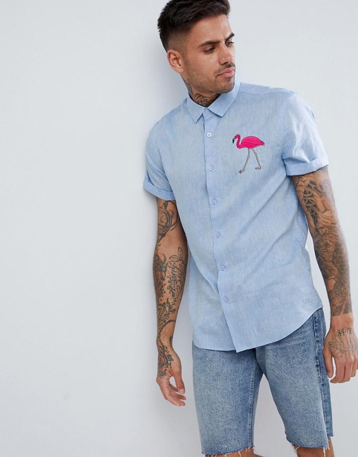 Asos Design Regular Textured Shirt With Embroidery In Pale Blue - Blue