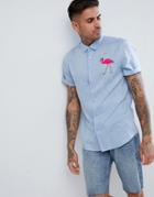 Asos Design Regular Textured Shirt With Embroidery In Pale Blue - Blue