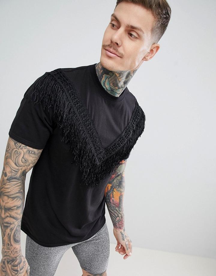 Boohooman Fringing T-shirt In Black - Black