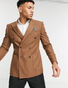 Moss London Slim Fit Double Breasted Suit Jacket In Camel-brown