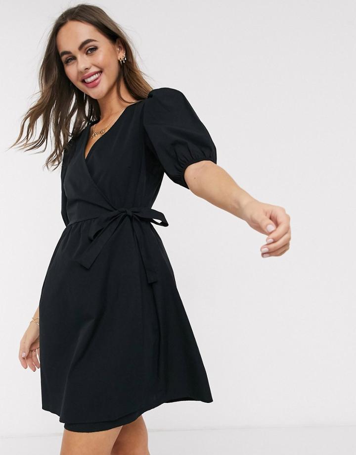 New Look Puff Sleeve Wrap Poplin Mini Dress In Black