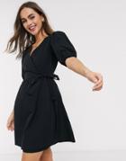 New Look Puff Sleeve Wrap Poplin Mini Dress In Black