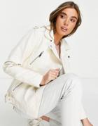 Miss Selfridge Faux Leather Longline Moto Jacket In Cream-white