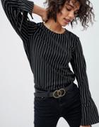 Pieces Pinstripe Top With Flared Tie Sleeves - Black