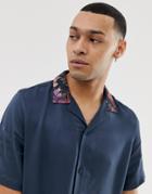 Asos Design Regular Fit Satin Shirt With Floral Revere Collar - Navy