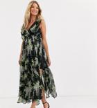 Asos Design Maternity Wrap Bodice Maxi Dress With Drape Back In Purple Floral Print