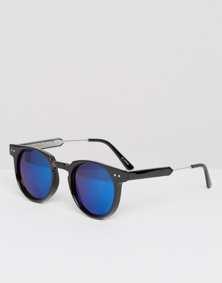 Spitfire Round Sunglasses With Blue Revo Mirror Lens - Black