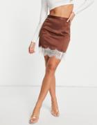 Asos Design Satin Notch Mini Skirt With Lace Trim In Chocolate-brown