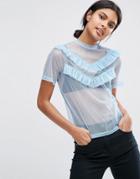 Asos Top In Mesh With Ruffle Detail - Blue