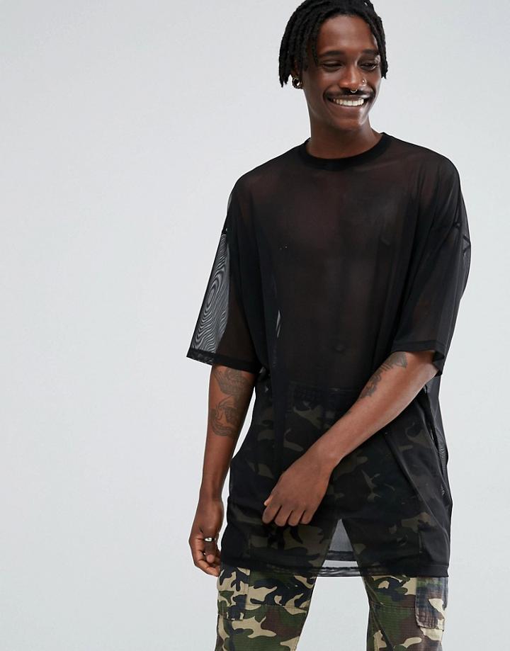 Asos Oversized Super Longline T-shirt In Black Mesh - Black