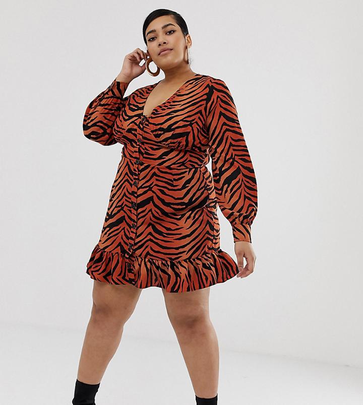 Asos Design Curve Button Through Skater Mini Dress With Pep Hem In Tiger Print-multi