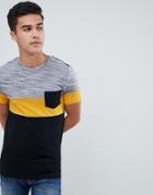 Asos Design Muscle Fit T-shirt With Contrast Panel In Interest Fabric In Black - Black