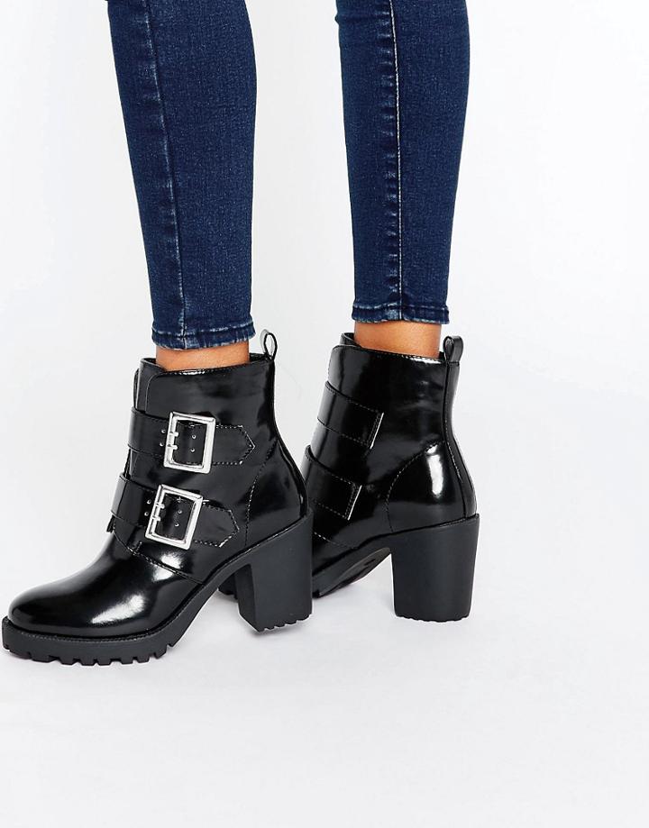 London Rebel Metal Buckle Chunky Boot - Black