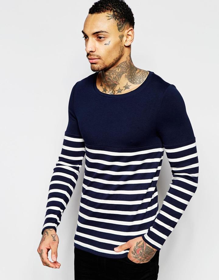 Asos Extreme Muscle Long Sleeve T-shirt With Stripe Rib And Contrast Yoke