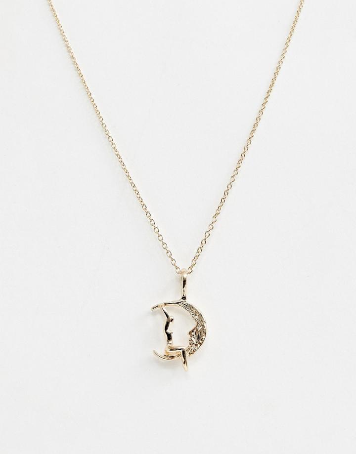 Asos Design Necklace With Vintage Style Lady On The Moon Pendant In Gold - Gold