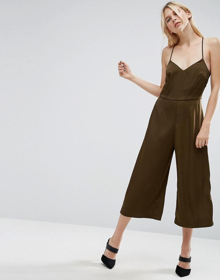 Asos Cami Satin Jumpsuit With Culotte Leg - Green