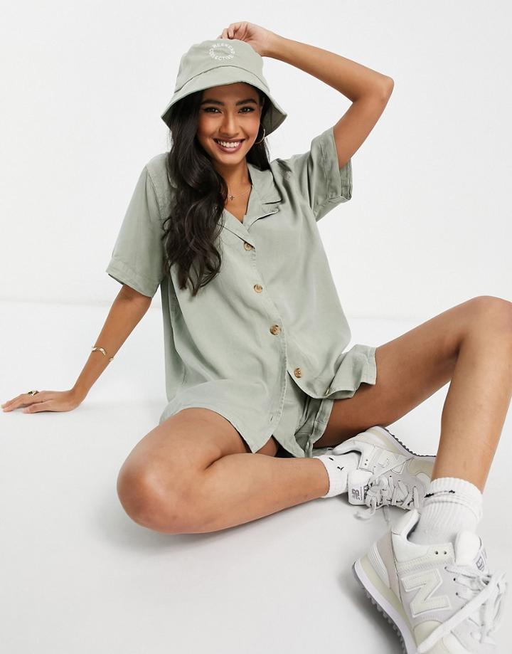 Asos Design Soft Denim Bowling Shirt In Sage - Part Of A Set-green