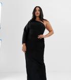 Asos Design Curve One Sleeve Rib Maxi Dress-black