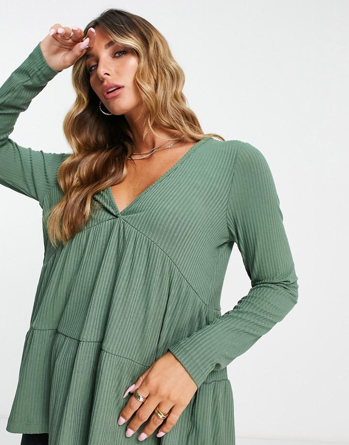 Asos Design Ribbed Smock Top With Long Sleeve In Green