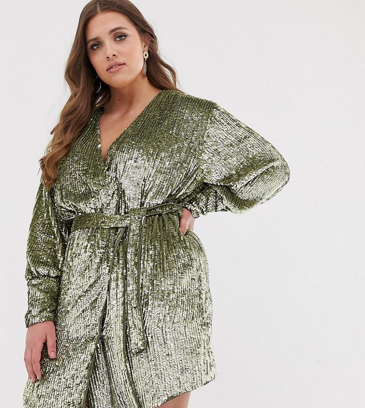 Asos Edition Curve Sequin Wrap Mini Dress-green