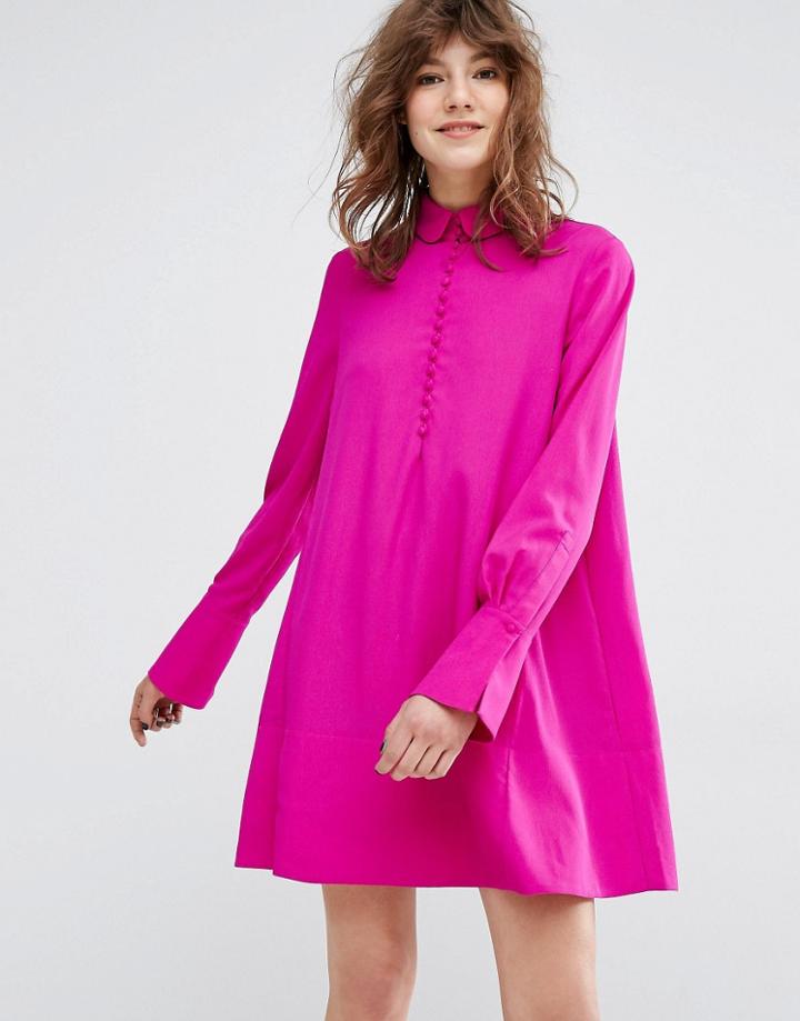 Essentiel Antwerp Moise Button Up Detail Long Sleeve Dress - Pink