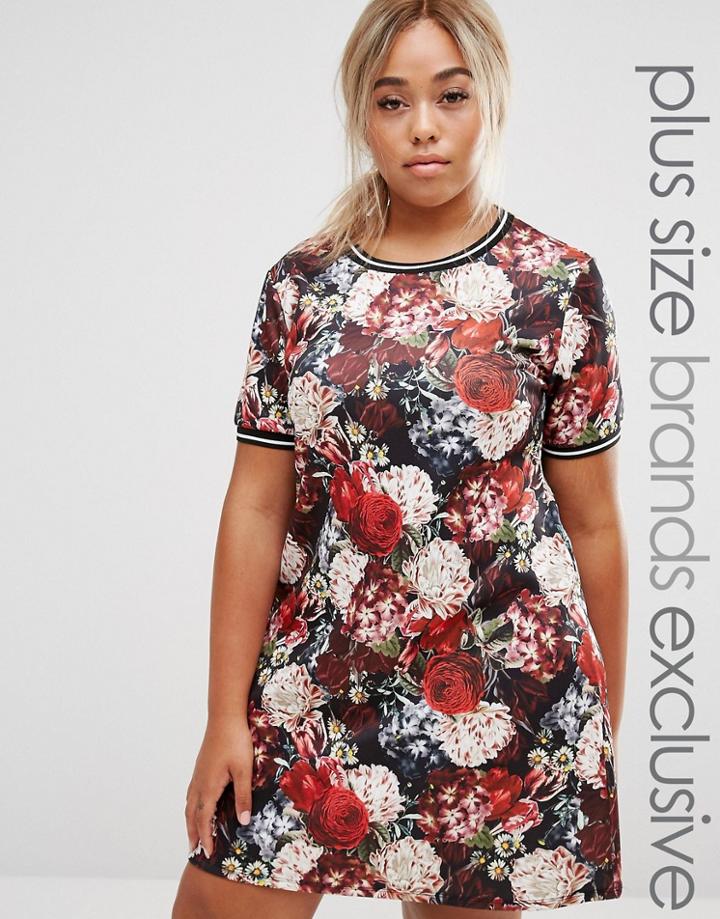 Pink Clove Floral Print Shift Dress With Rib Trim - Multi
