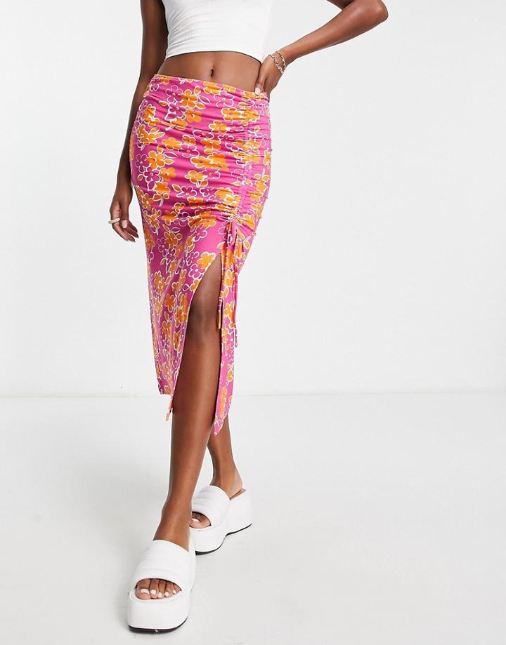 Qed London Soft Touch Gathered Tie Front Midi Skirt In Pink Floral Print-multi