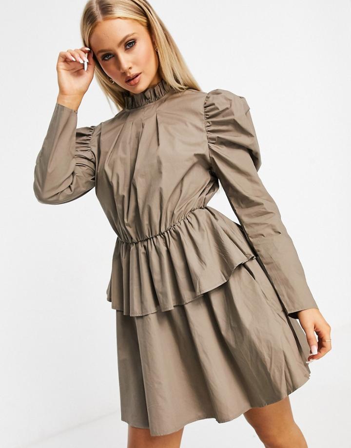 Missguided Poplin Smock Dress With Puff Sleeves In Khaki-green