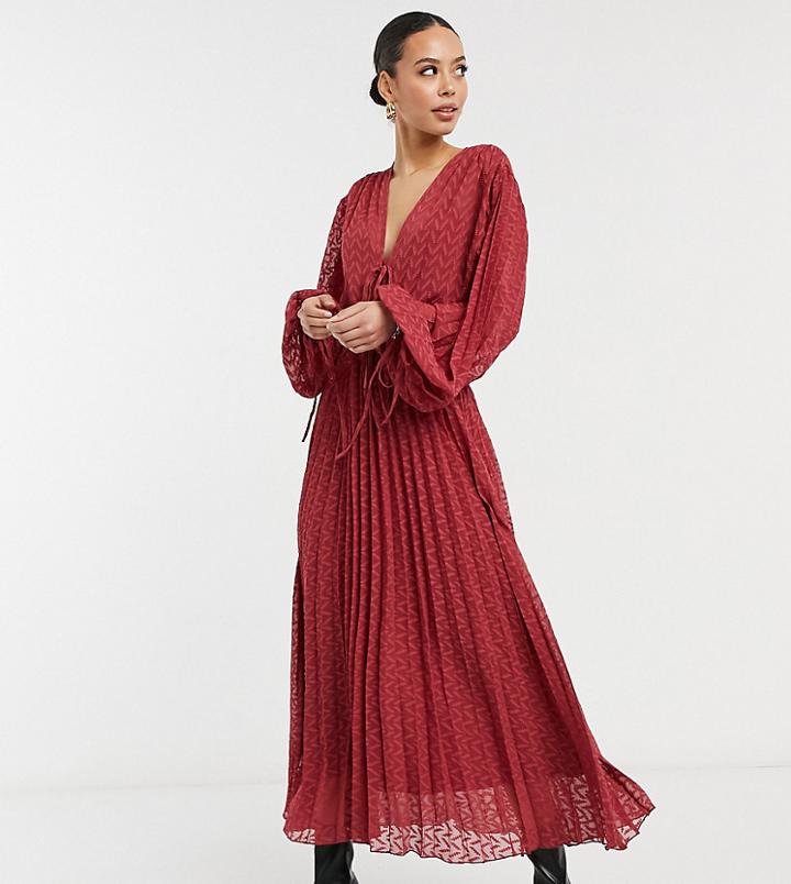 Asos Design Tall Pleated Midi Dress With Drawstring Waist And Balloon Sleeves In Chevron Textured Mesh In Deep Red