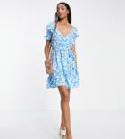 Influence Tall Puff Sleeve Wrap Frill Mini Dress In Blue Multi