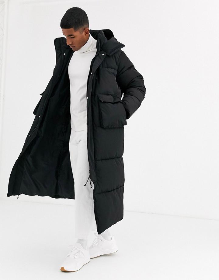 Asos White Longline Puffer Jacket With Hood In Black