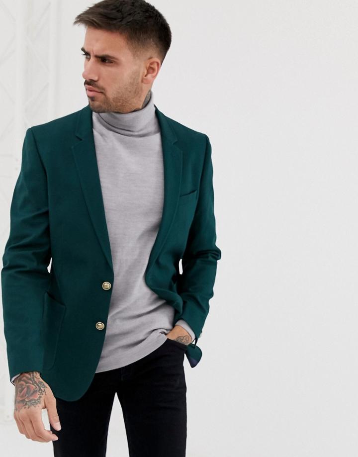 Asos Design Skinny Blazer In Dark Green With Gold Buttons - Green
